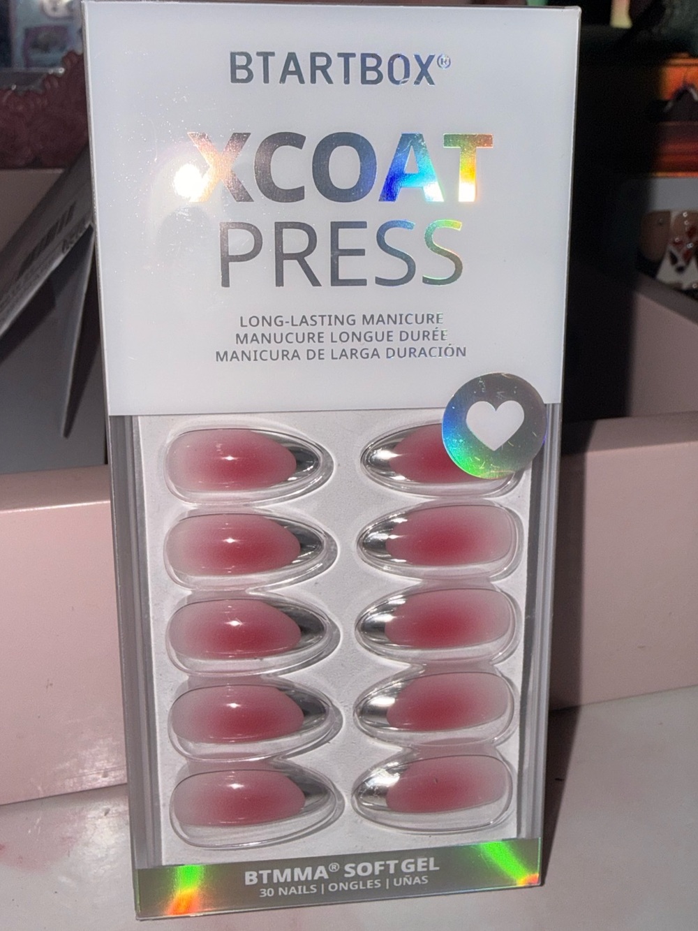 BtartBox XCOAT PRESS Soft Gel Press-On Nails in Pink with Silver Tips